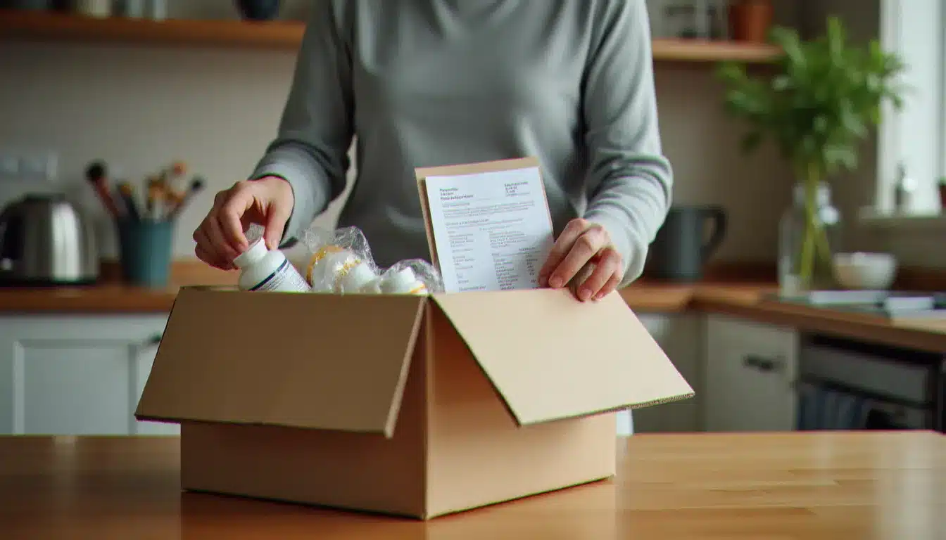 Femme vérifiant une commande de produits de pharmacie reçue par livraison à domicile, contrôle des produits après achat en ligne