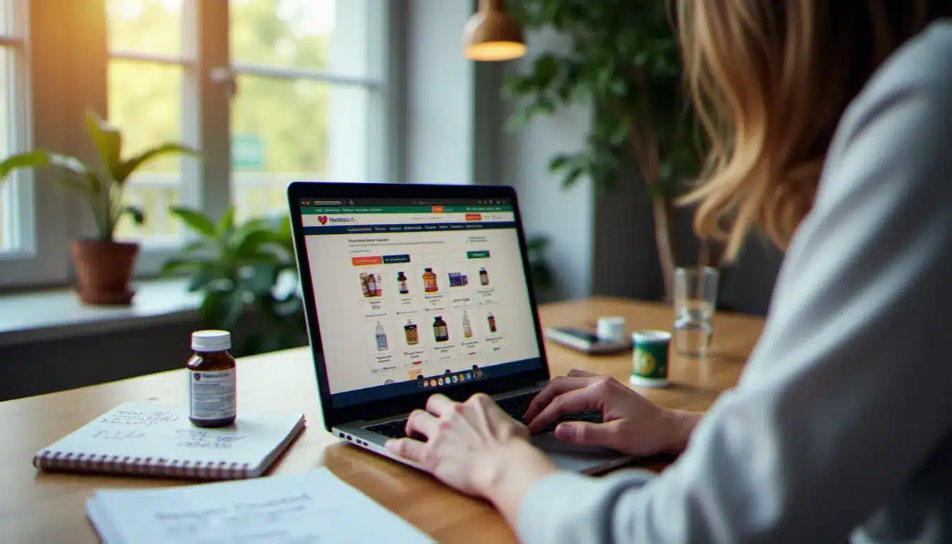 Personne comparant des prix de produits de santé sur internet prix plus avantageux, avec des compléments alimentaires posés sur un bureau à côté d'un ordinateur portable