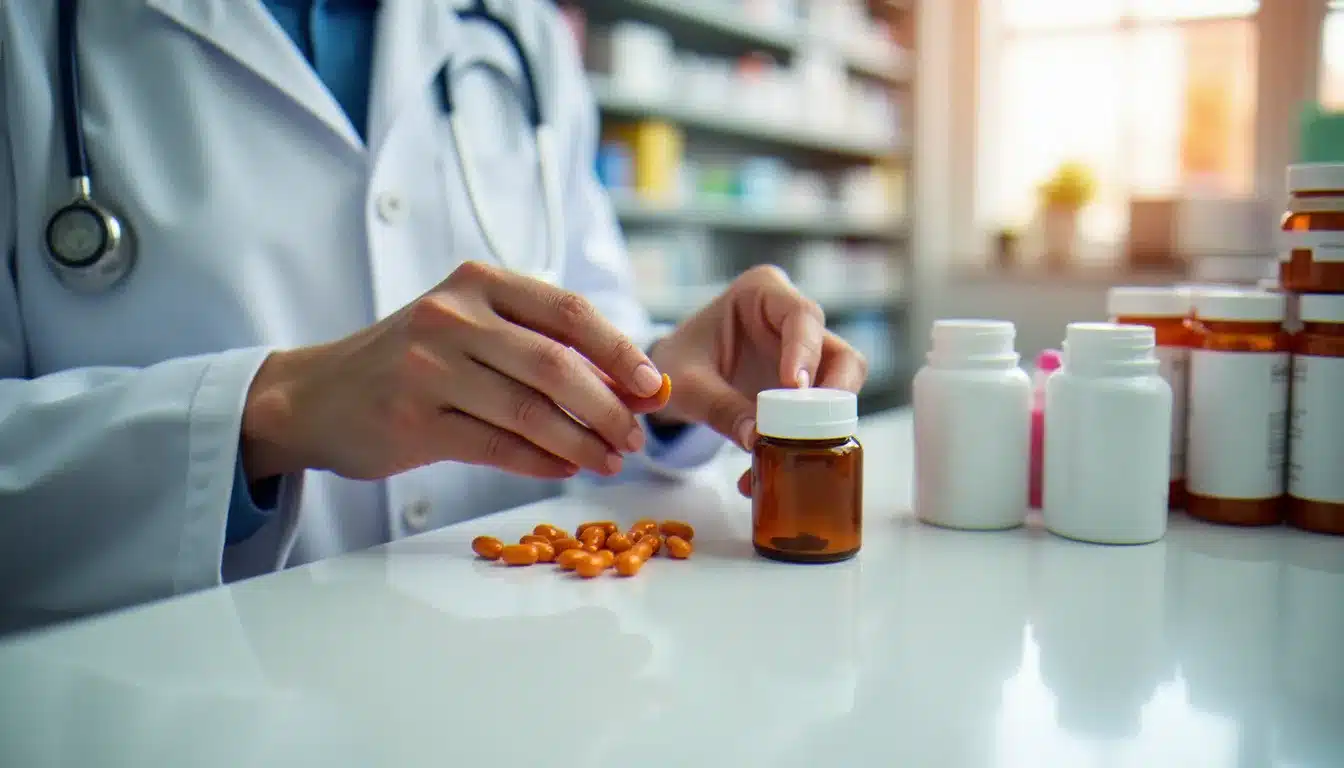 Mains d'un pharmacien classant des compléments alimentaires sur le comptoir d'une officine, illustrant le conseil professionnel avant d'acheter un cadeau santé.