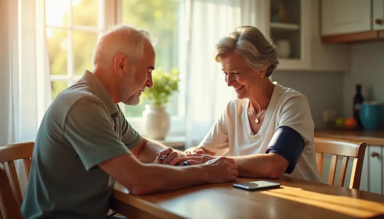 Un couple de seniors utilisant un tensiomètre au poignet à domicile, représentant l'utilisation concrète d'un appareil de suivi santé offert par un proche aimant.