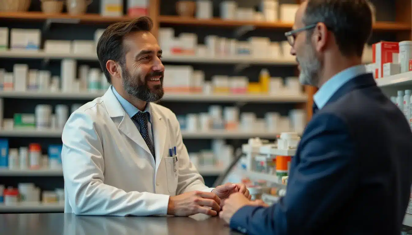 Pharmacien en blouse blanche conseillant un patient en officine, illustration du conseil personnalisé en matière de remboursements et mutuelles santé