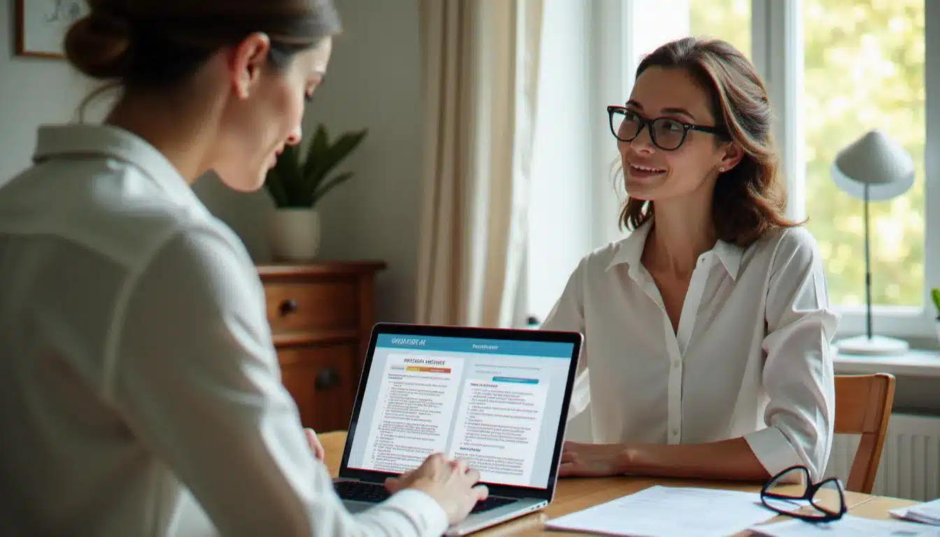 Une femme compare des offres de mutuelle santé sur son ordinateur portable, illustration de la recherche d'avis sur Meilleurtaux Santé