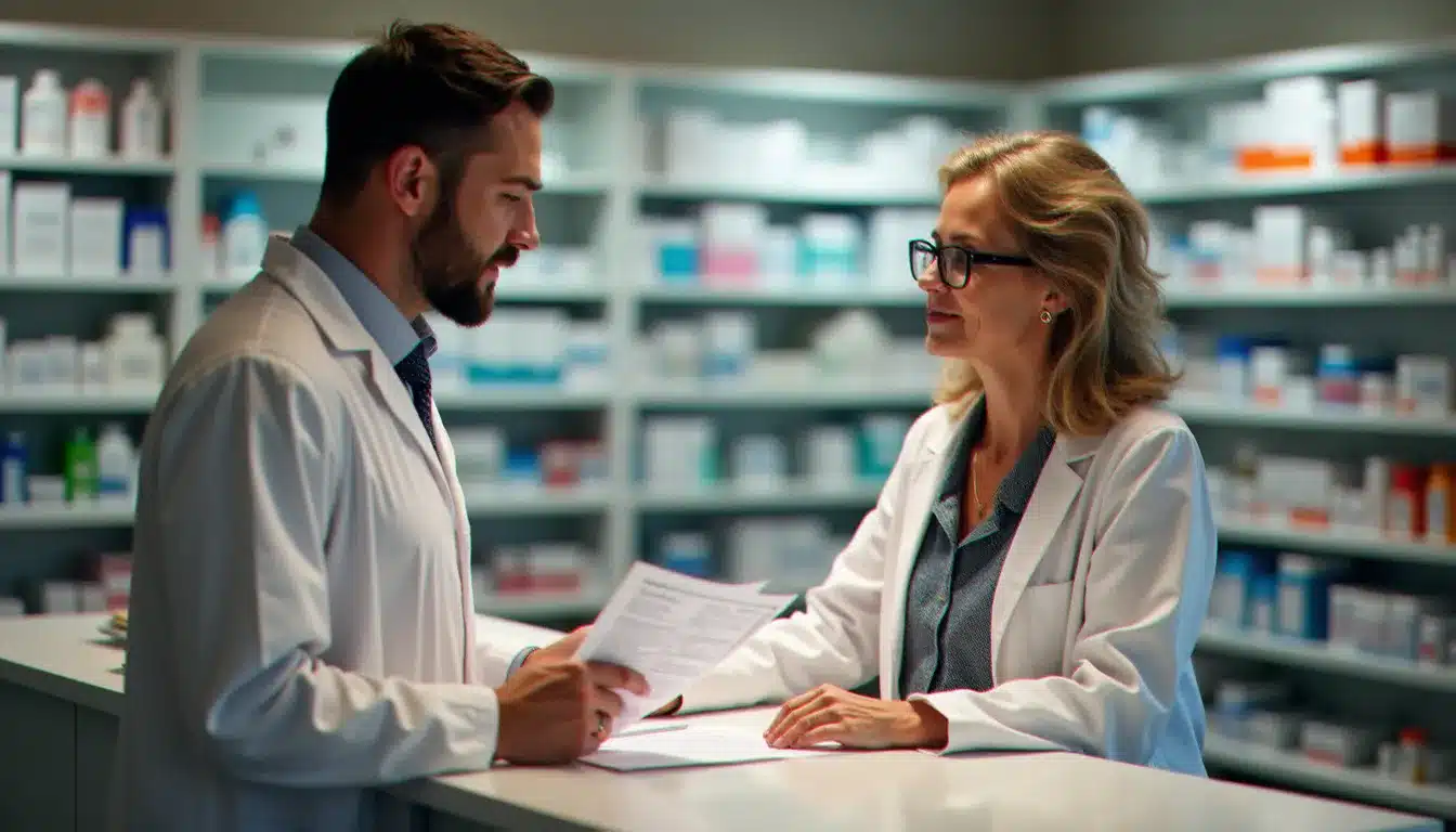 Un pharmacien explique à une cliente les postes clés d'un tableau de garantie mutuelle santé en officine