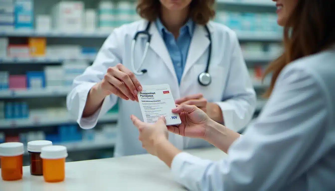 Un pharmacien remet une boîte de médicament à un patient au comptoir, illustrant le remboursement par la prévoyance santé en pharmacie