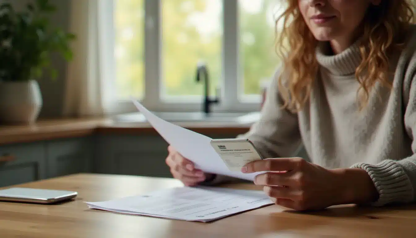 Une femme consulte des documents de prévoyance santé avec sa carte Vitale posée sur la table, illustrant le fonctionnement de la complémentaire santé