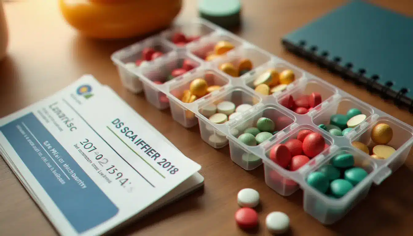 Pilulier hebdomadaire rempli de comprimés à côté d'une carte Vitale, représentant le budget mensuel de médicaments remboursés