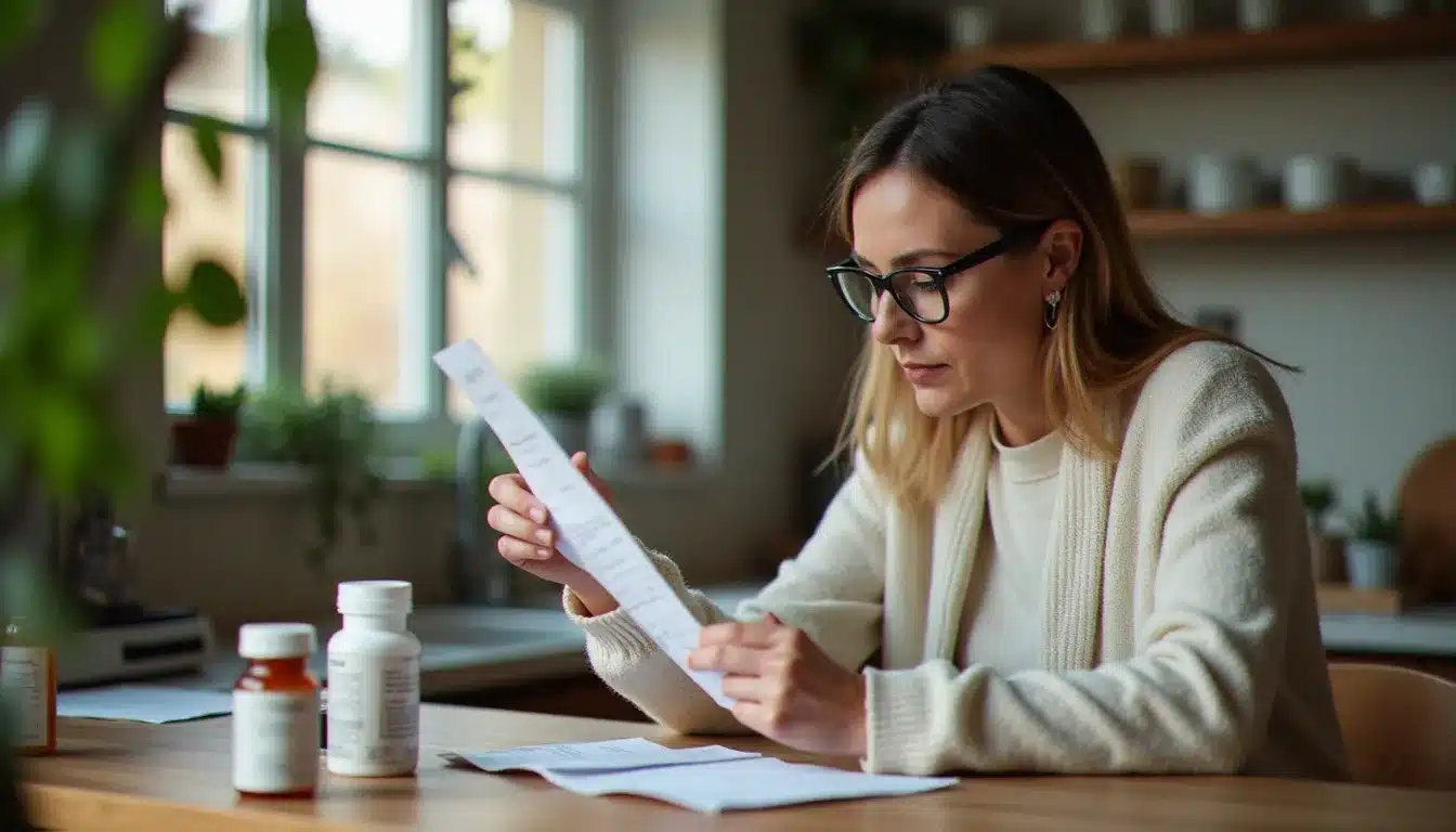 Femme d'une quarantaine d'années qui trie ses médicaments et compléments alimentaires en comparant les reçus de pharmacie pour évaluer son budget mensuel santé