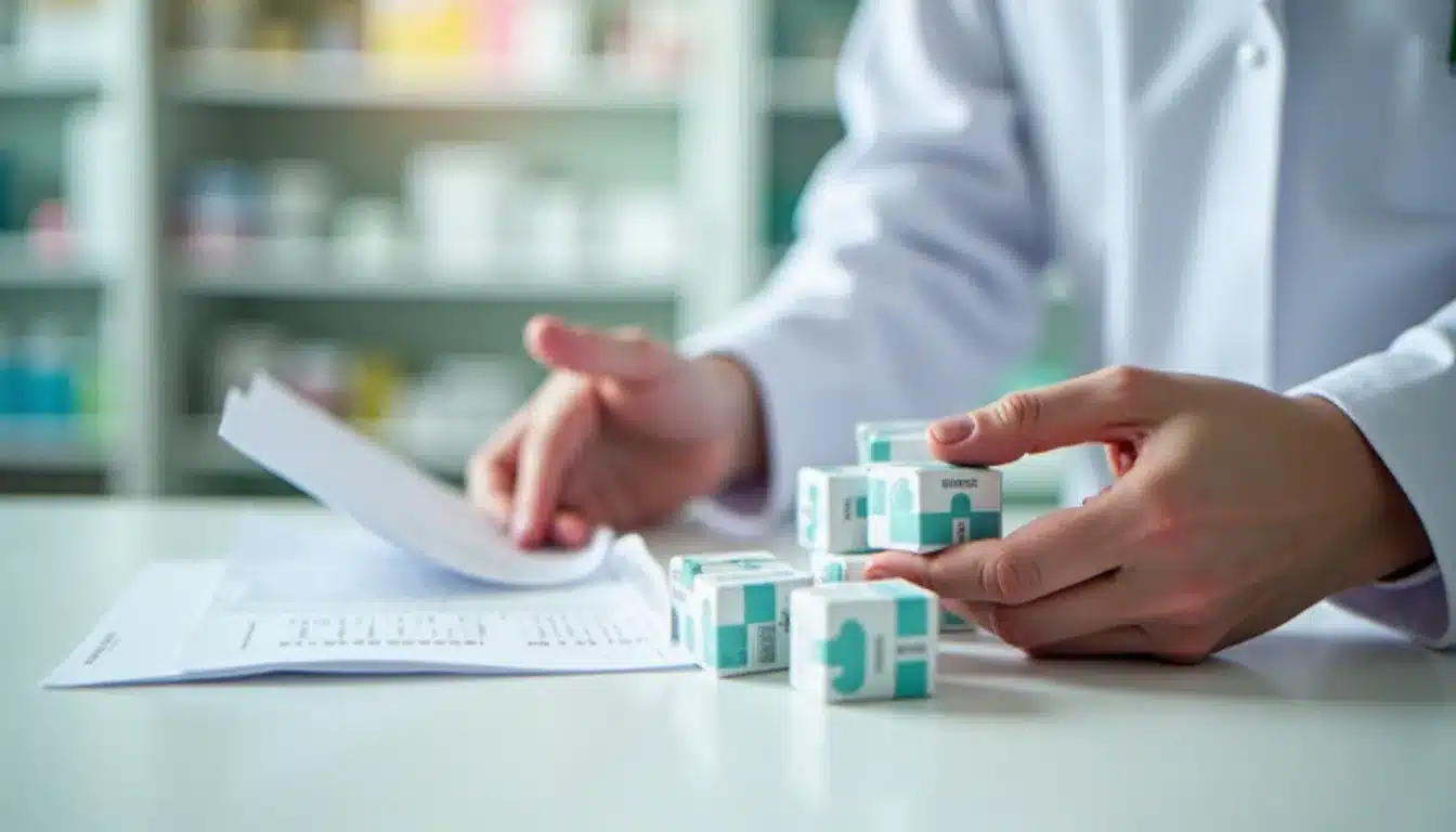 Pharmacien posant des boîtes de médicaments et une note de caisse sur un comptoir de pharmacie, illustrant le prix par mois en pharmacie
