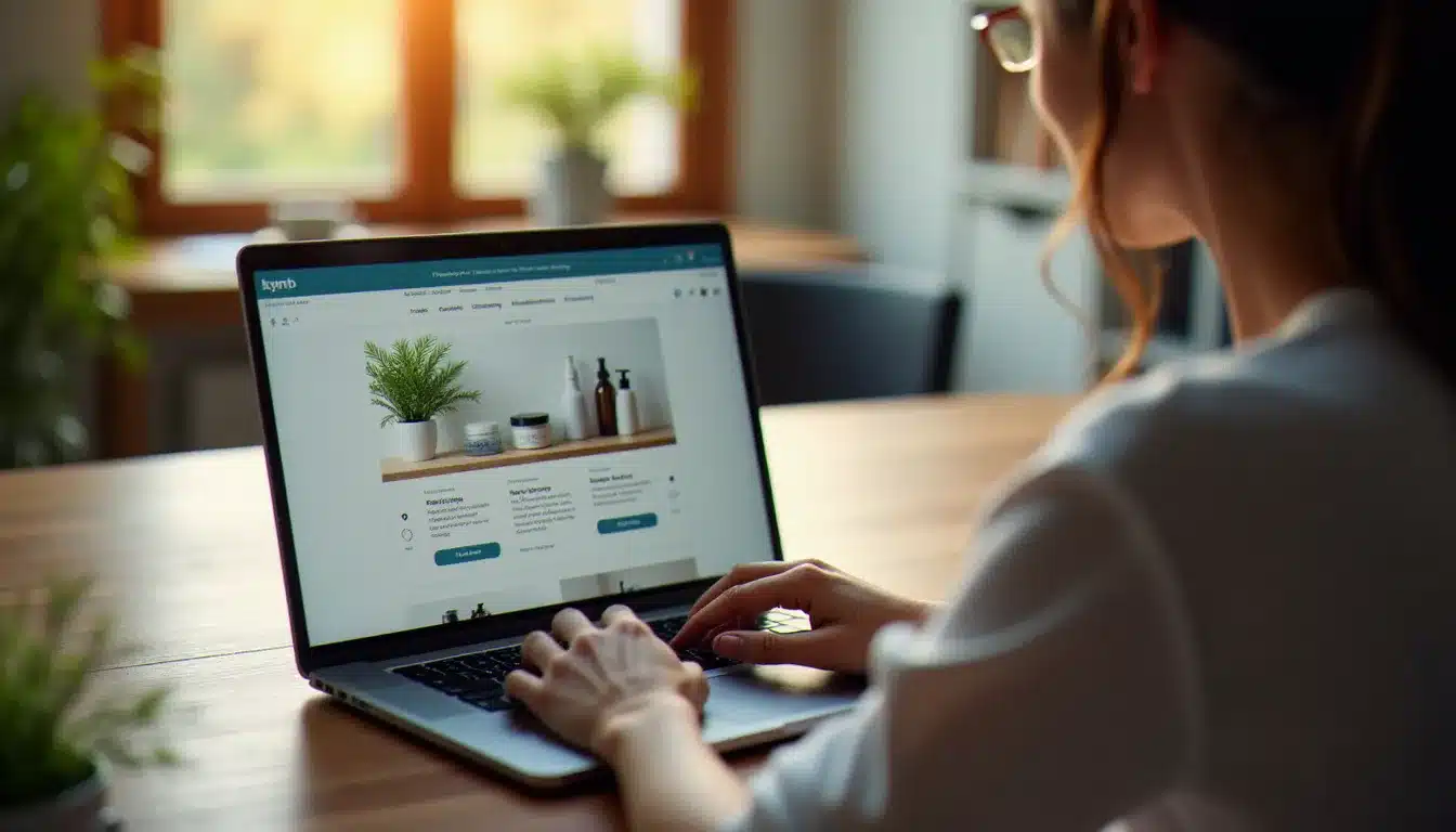 Personne consultant une pharmacie en ligne sur ordinateur pour comparer les prix de produits de parapharmacie et trouver les prix plus bas