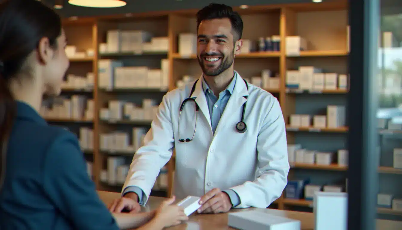 Pharmacienne remettant une boîte de médicament à un client au comptoir d'une pharmacie, illustrant la recherche de prix plus bas en officine