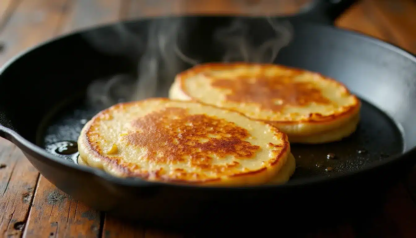 Pancakes à la banane mûre et aux œufs en train de cuire dans une poêle en fonte, dorés et moelleux, éclairage naturel matinal