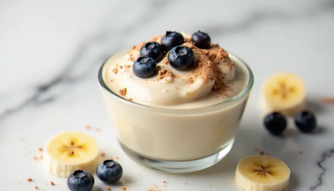 Nice cream à la banane mûre dans un bol en verre, texture crémeuse comme de la glace, garni de myrtilles fraîches et de cacao, sur un plan de travail en marbre blanc