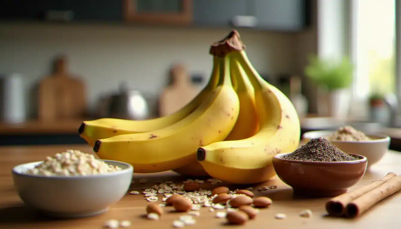 Recette santé avec banane mûre : bananes très mûres tachées de brun posées sur un plan de travail en bois avec des ingrédients sains autour