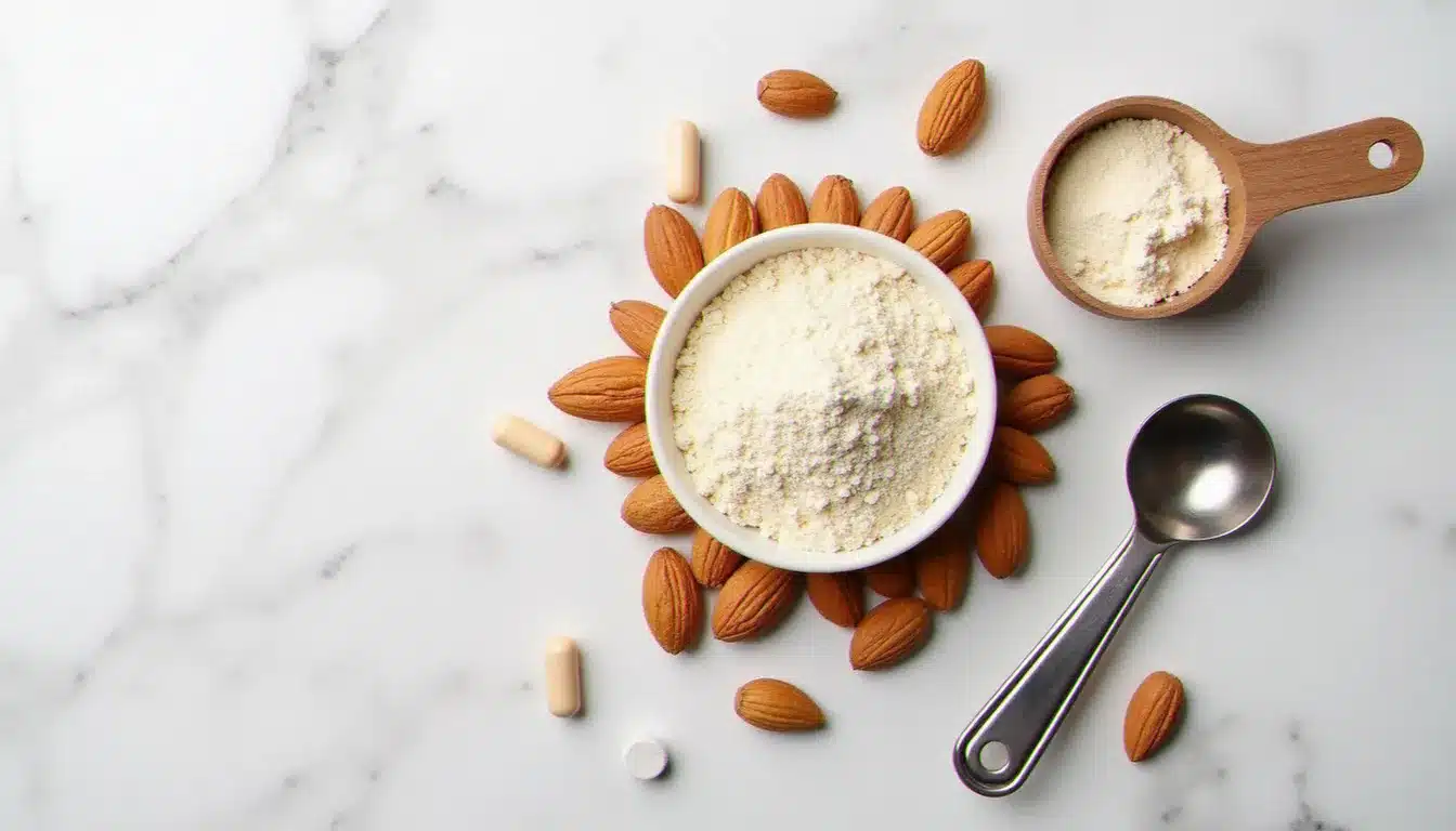 Vue de dessus des ingrédients nutritionnels associés à la farine d'amande : amandes, magnésium et vitamine E, illustrant les bienfaits santé de la farine d'amande