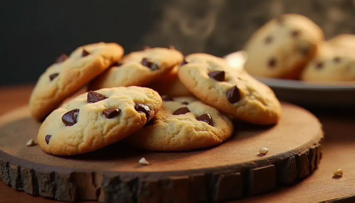 Cookies moelleux à la farine d'amande et aux pépites de chocolat noir posés sur une planche en bois, recette santé maison sans gluten