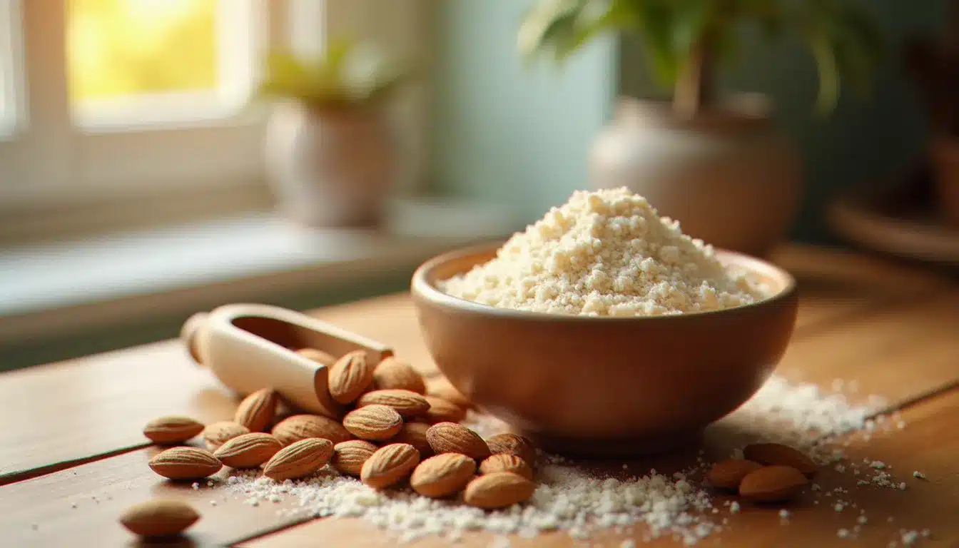 Bol de farine d'amande fine sur une table en bois avec des amandes entières, idéal pour préparer une recette santé avec farine d'amande
