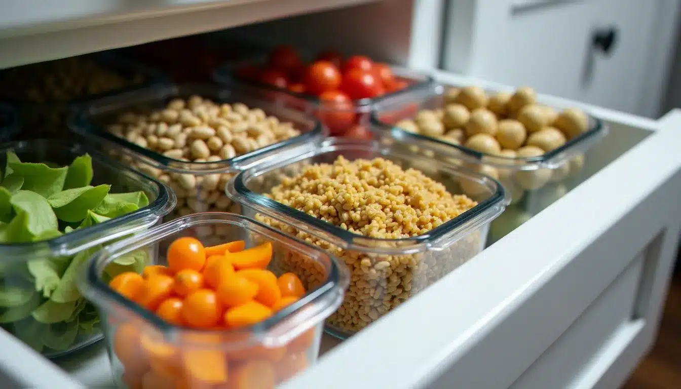 Tiroir de réfrigérateur organisé avec des contenants de meal prep contenant des céréales cuites et des légumes prêts à l'emploi pour des repas santé rapides