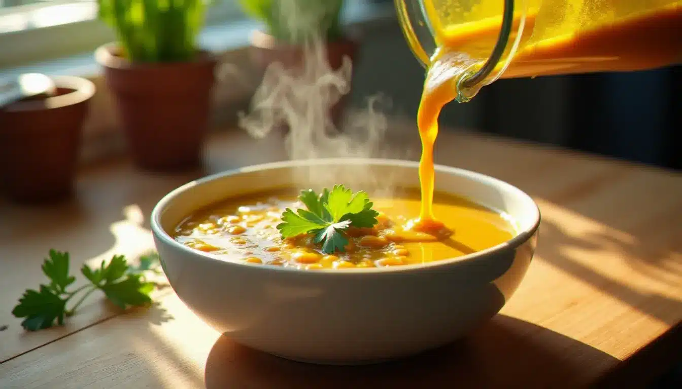 Soupe de lentilles corail au curcuma versée dans un bol blanc avec de la coriandre fraîche, illustrant une recette santé rapide et nutritive