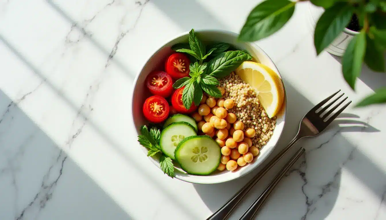 Bol de recette santé facile et rapide composé de quinoa, pois chiches, tomates cerises et herbes fraîches sur un plan de travail en marbre blanc