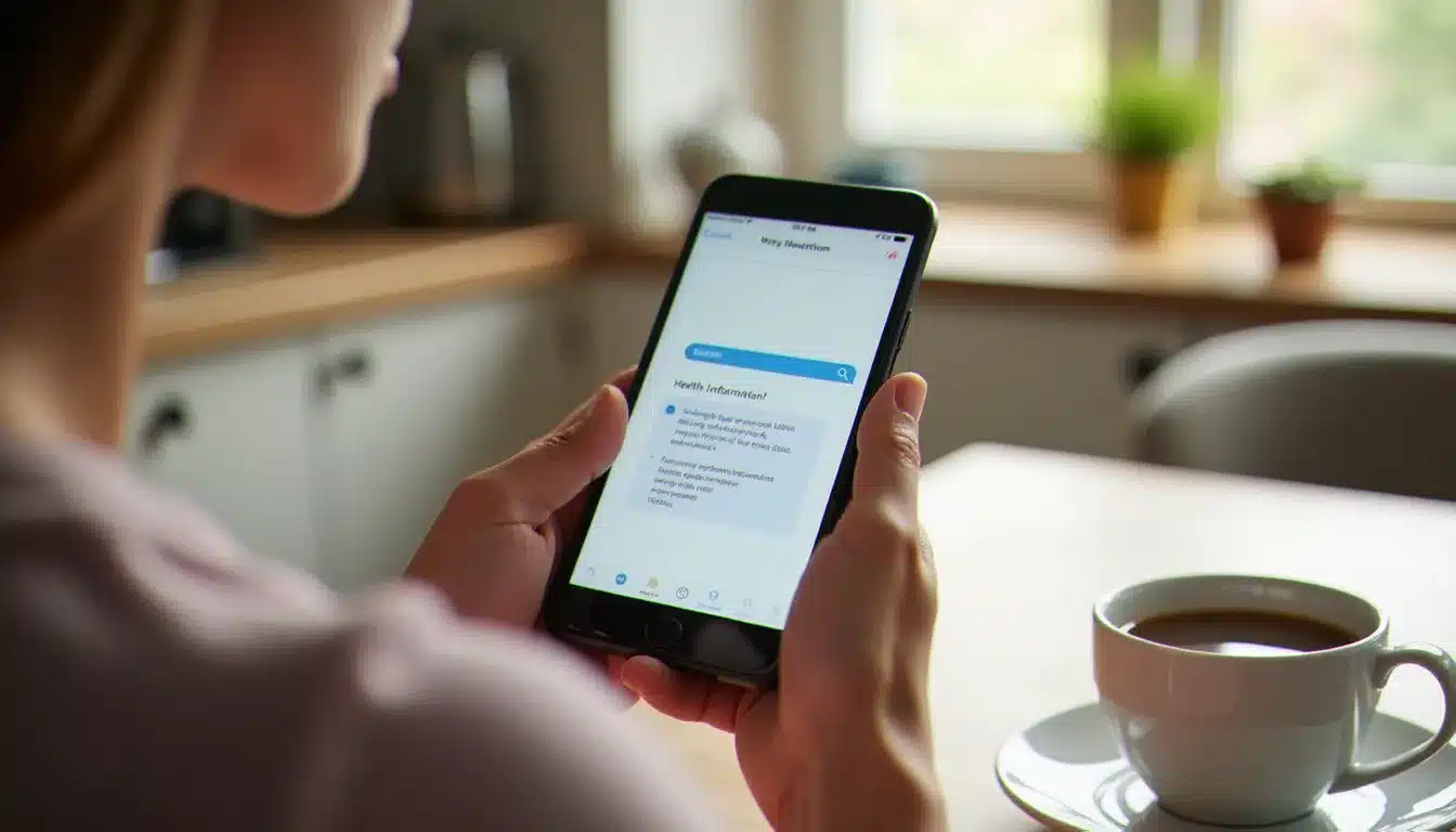 Une personne consultant des informations de santé sur son smartphone à la maison, illustrant la recherche en ligne sur des thèmes médicaux