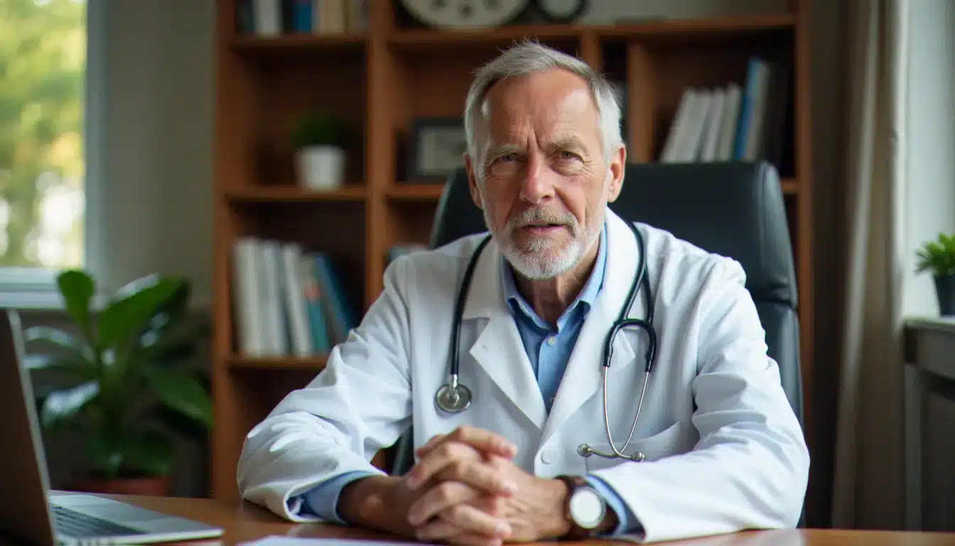 Médecin français en blouse blanche assis à son bureau, illustrant un contenu de santé avec le docteur Joseph