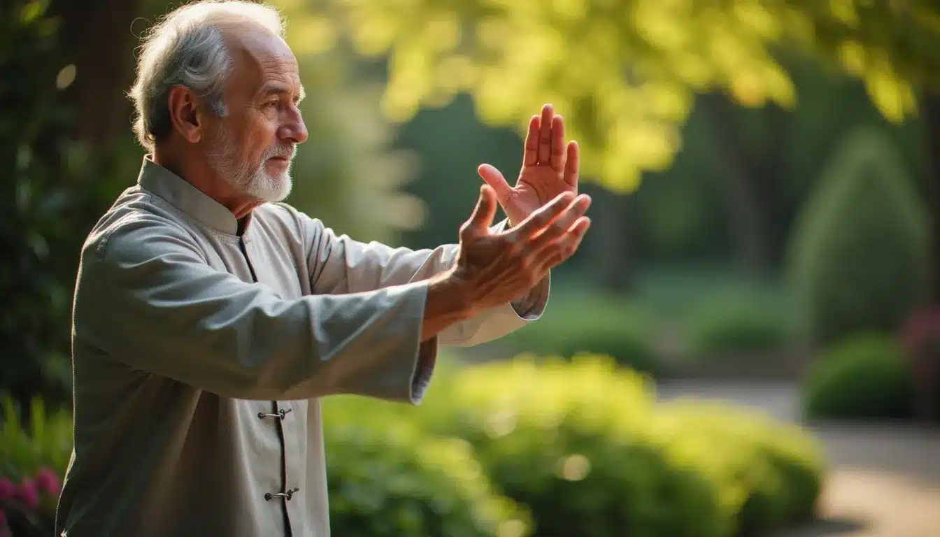 Gros plan sur les mains d'un homme âgé en mouvement de tai chi dans un jardin, symbolisant la souplesse et la douceur de la pratique