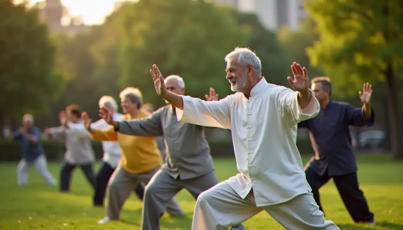 Groupe de personnes de tous âges pratiquant le tai chi ensemble dans un parc urbain, montrant l'accessibilité de cette pratique pour la santé