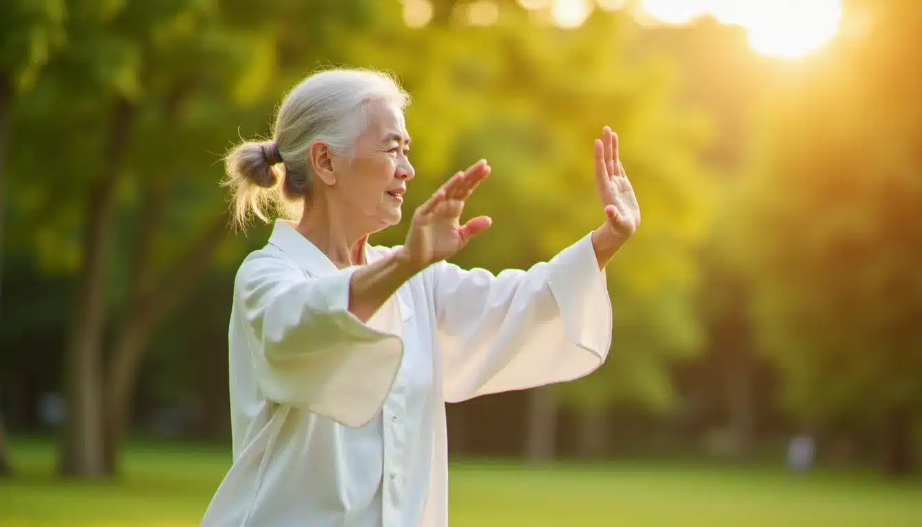 Femme âgée pratiquant le tai chi en plein air dans un parc, illustrant les bienfaits de la santé avec le tai chi