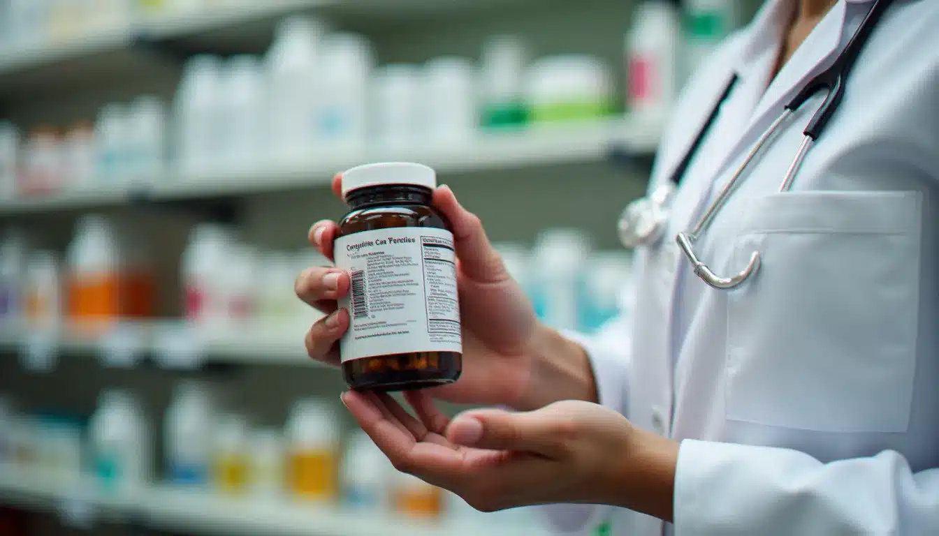 Pharmacien vérifiant les certifications bio sur l'étiquette d'un complément alimentaire en officine
