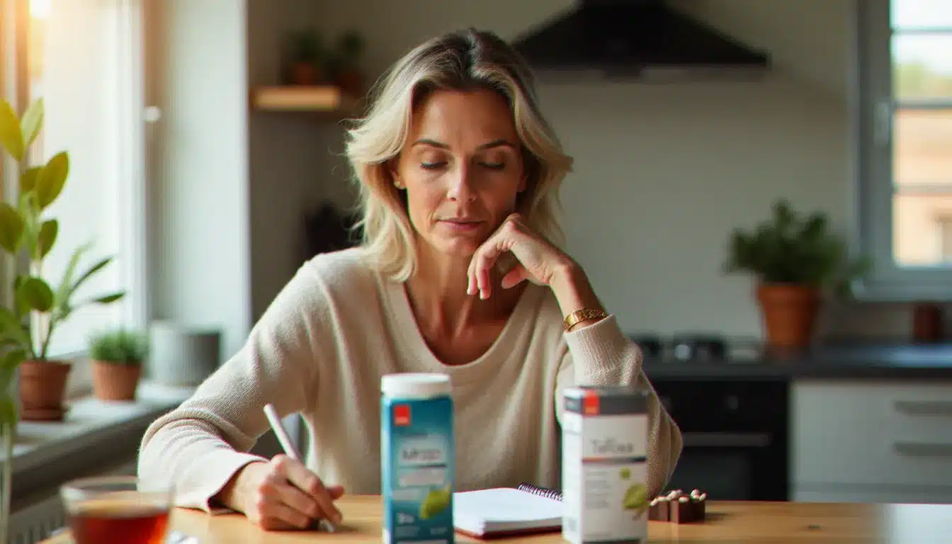 Femme comparant deux marques de compléments alimentaires bio avant de faire son choix d'achat