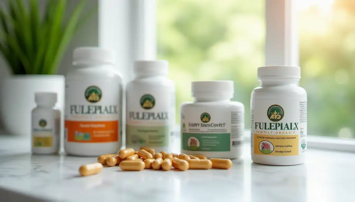 Flacons de compléments alimentaires certifiés bio avec logos AB et Eurofeuille, illustrant un avis sur Santé Bio Europe