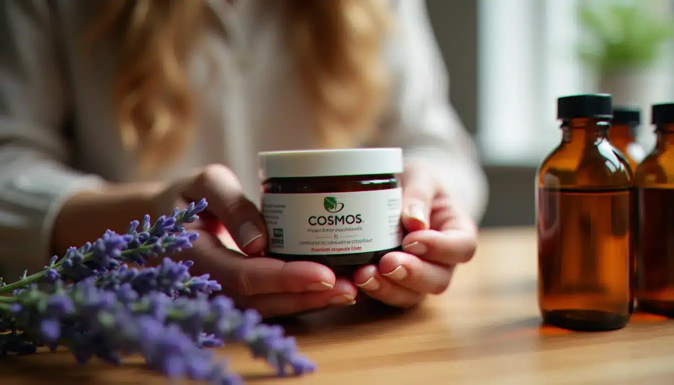 Mains tenant un pot de cosmétique bio avec label Cosmos Organic visible, illustration des critères de qualité pour choisir un produit naturel en boutique santé bio