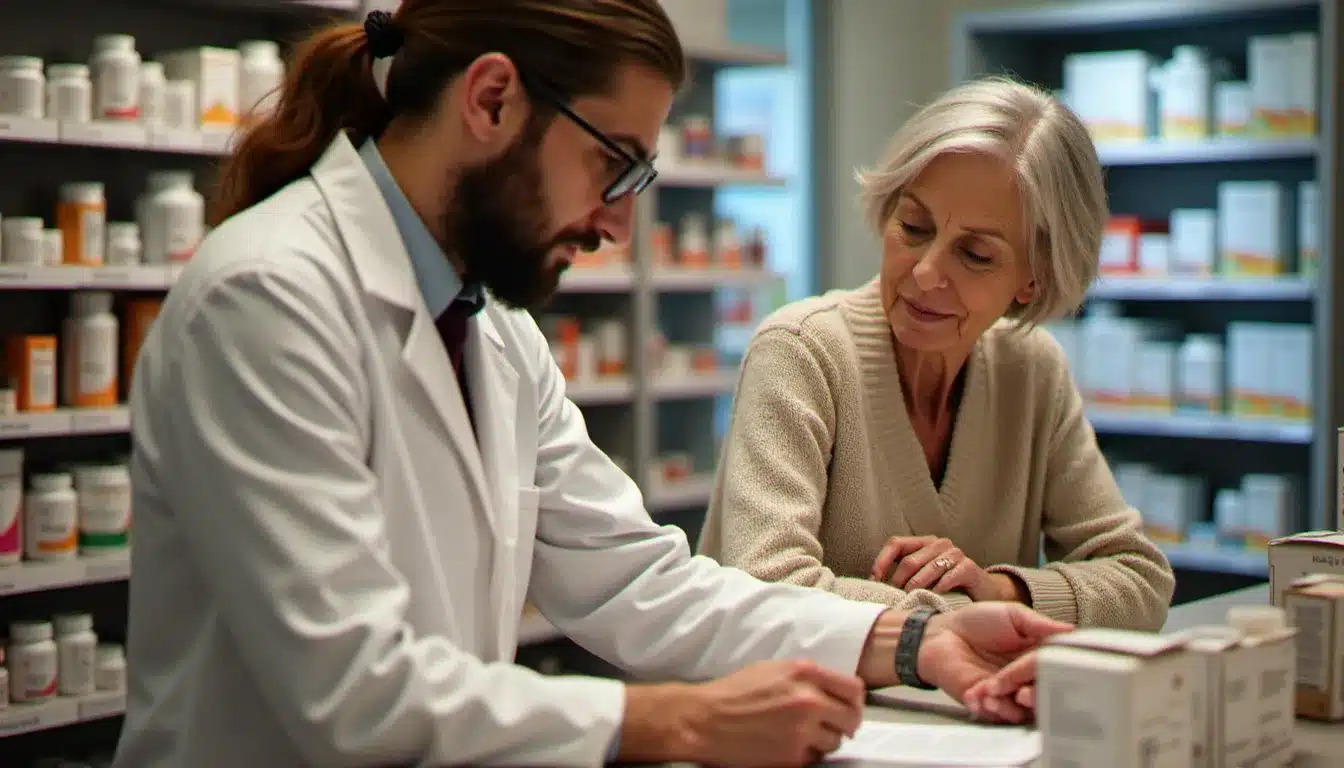 Pharmacienne conseillant une cliente sur les compléments alimentaires en officine, illustrant la différence de conseil entre pharmacie et boutique bio