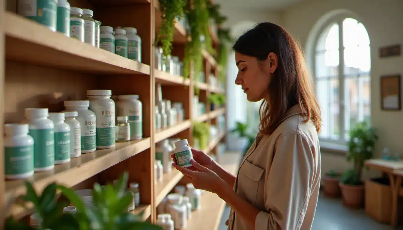 Intérieur d'une boutique santé bio à La Rochelle avec des rayons de compléments alimentaires naturels et produits cosmétiques bio, une cliente lisant une étiquette