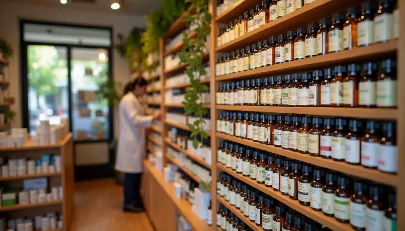 Rayon phytothérapie d'une pharmacie française avec compléments alimentaires bio, huiles essentielles et conseils santé naturelle