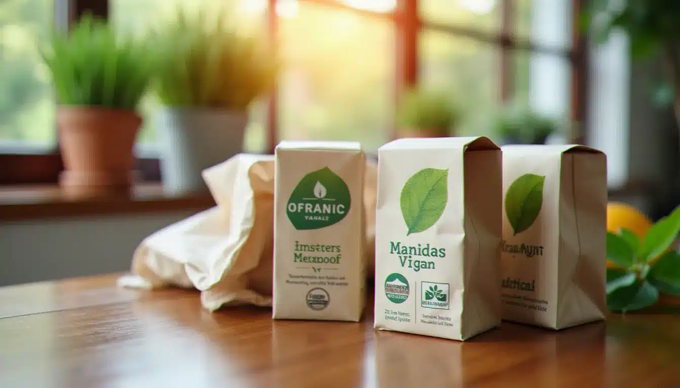 Gros plan sur les labels bio officiels — Eurofeuille européen et logo AB — apposés sur des emballages de produits de santé naturelle