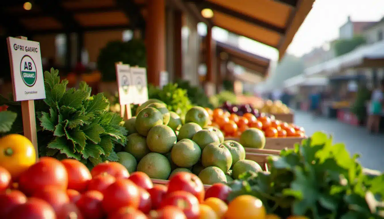 Étal de marché bio avec fruits et légumes certifiés Agriculture Biologique à La Rochelle, dans le cadre de la santé bio locale