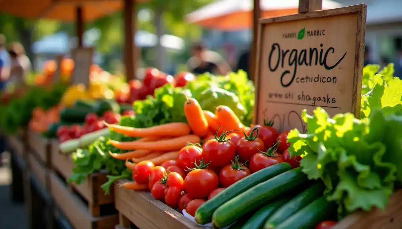 Étal de marché avec légumes biologiques colorés issus de sols sains, lien entre qualité des sols et richesse nutritionnelle des aliments