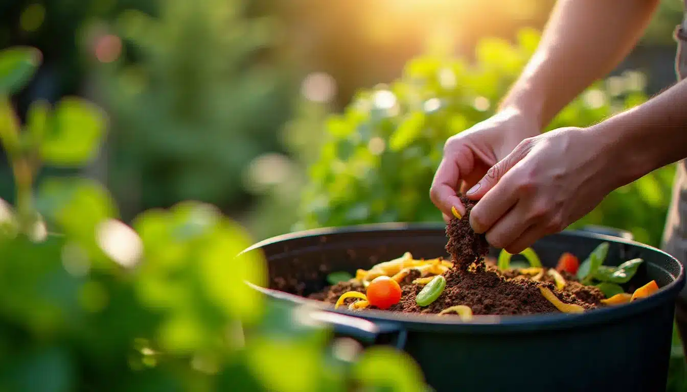Personne qui composte des déchets de cuisine dans un jardin pour enrichir la santé des sols, geste concret d'engagement écologique au quotidien