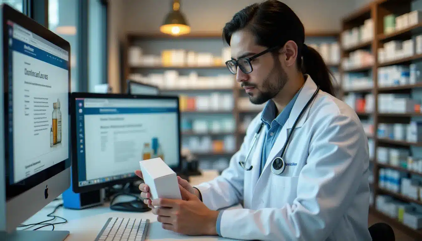 Un pharmacien vérifiant la légalité d'un site de vente de médicaments en ligne via l'annuaire officiel de l'Ordre des pharmaciens