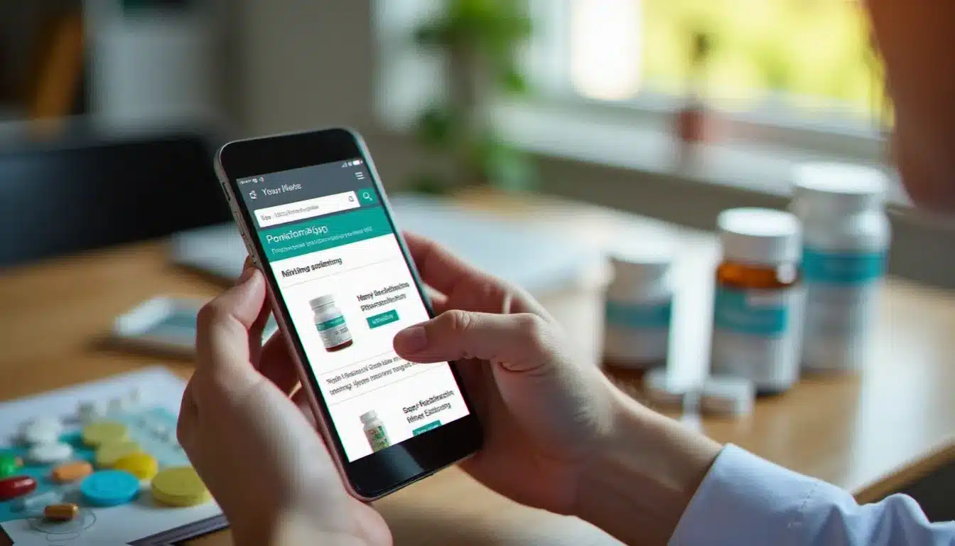 Une personne vérifiant les avis d'un site santé en ligne comme santé france-official.com sur son téléphone, avant de commander des produits pharmaceutiques