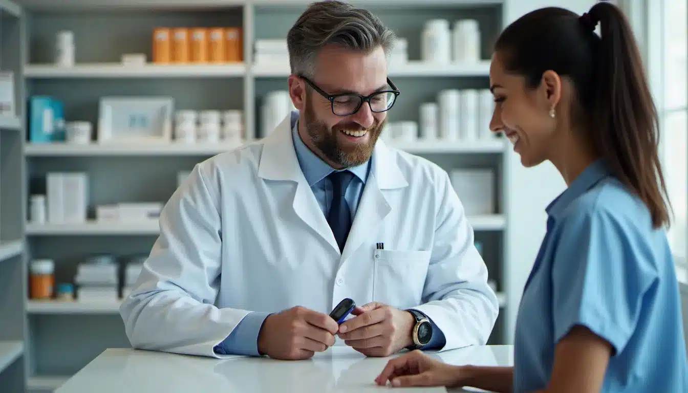 Pharmacien présentant un lecteur de glycémie à un patient pour un dépistage rapide en officine