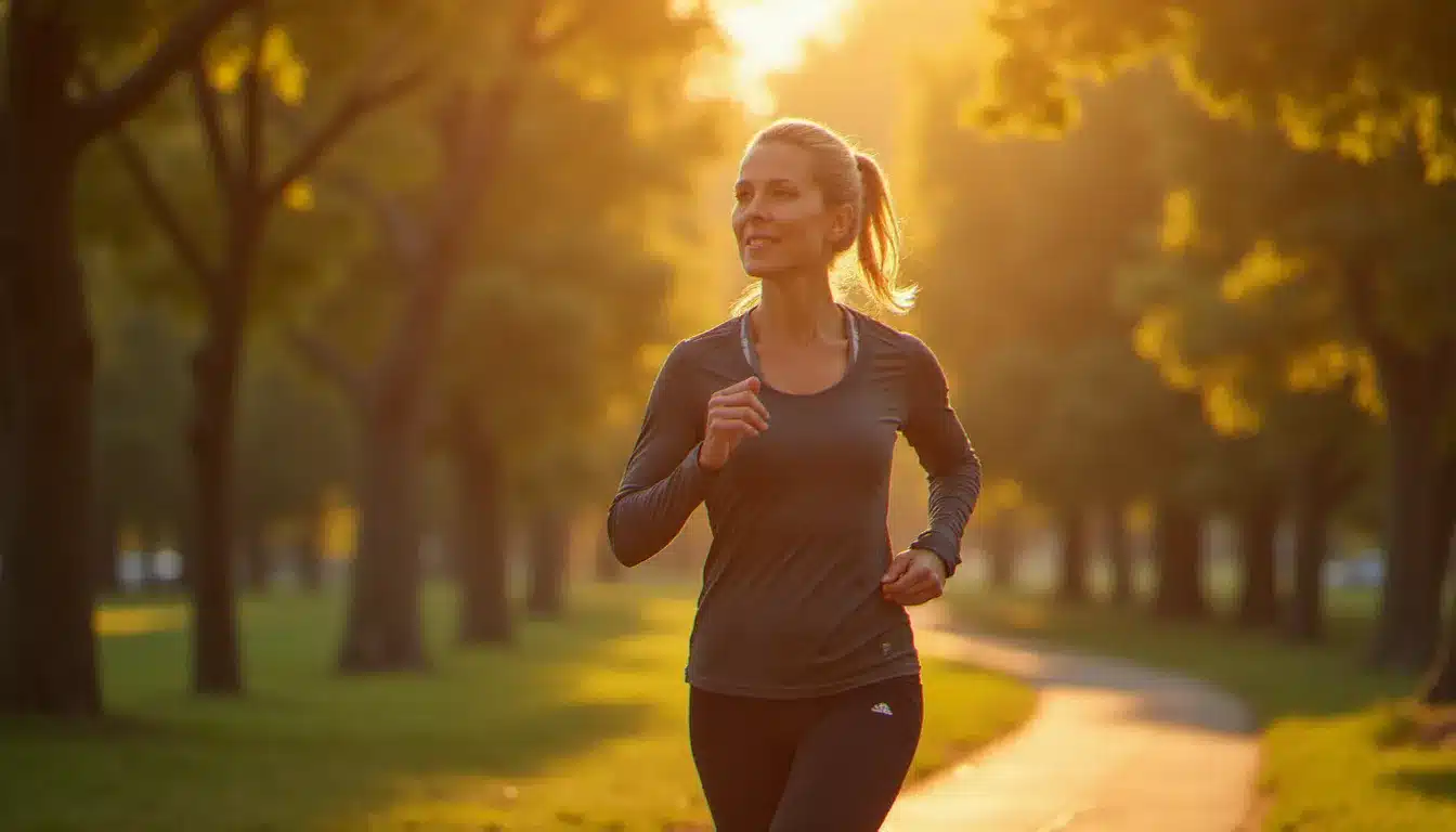 Femme pratiquant la marche rapide en plein air pour améliorer ses indicateurs santé naturellement