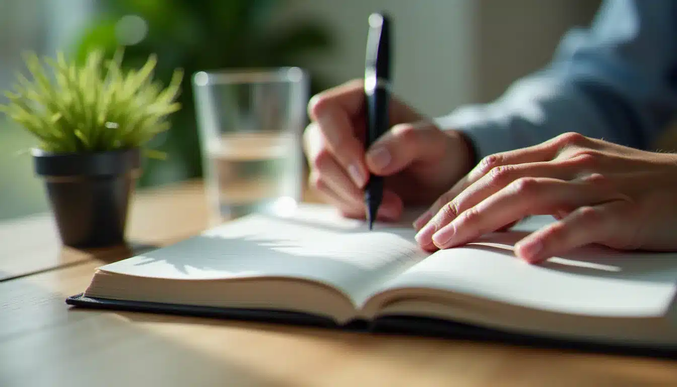 Mains d'une personne écrivant dans un journal ouvert sur un bureau en bois, illustrant l'écriture expressive comme outil de gestion du stress et des signaux d'alerte émotionnels