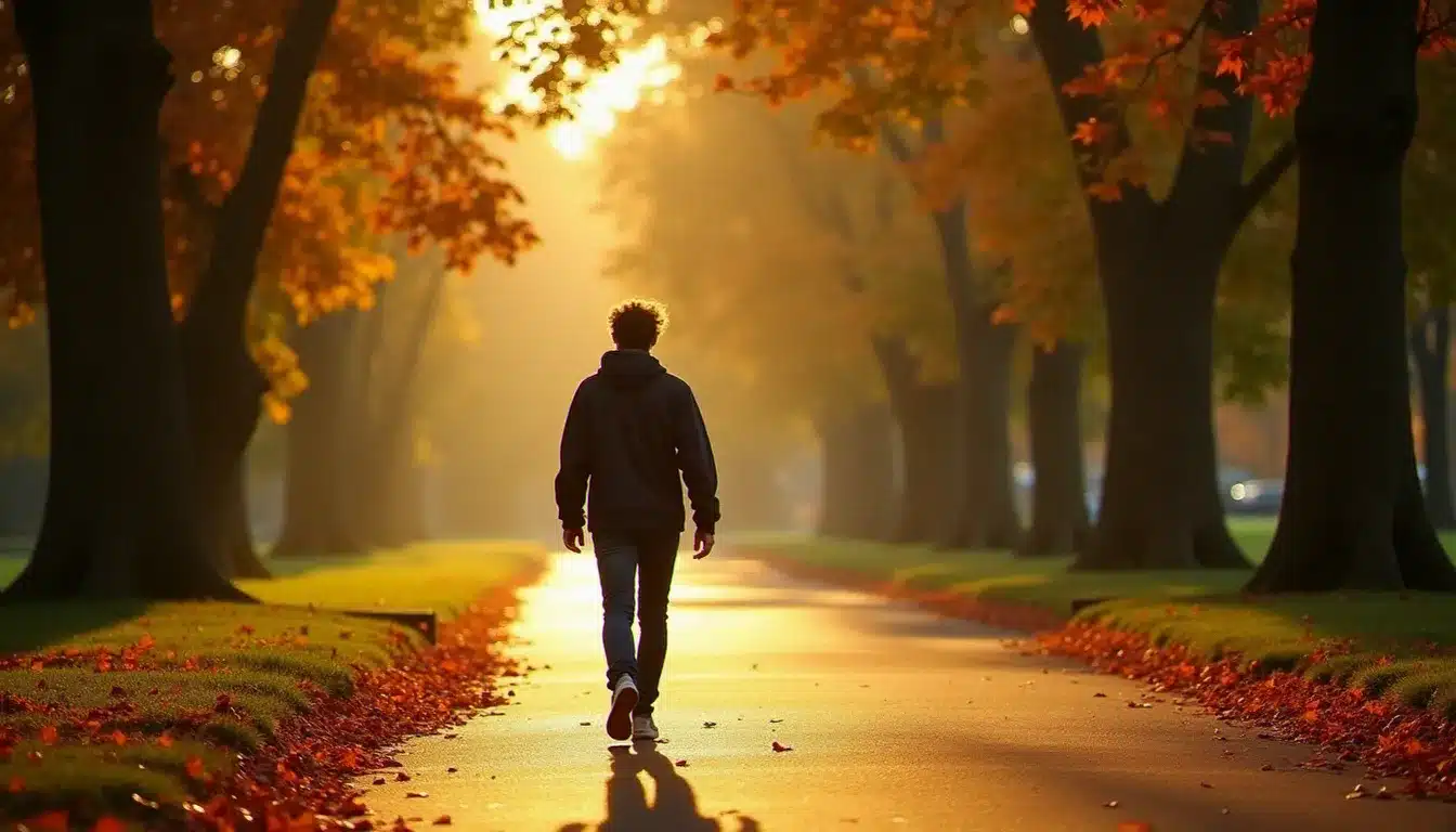Personne marchant seule sur un chemin bordé d'arbres dans un parc en fin de journée, illustrant le rôle de l'activité physique dans l'équilibre mental et le bien-être psychologique