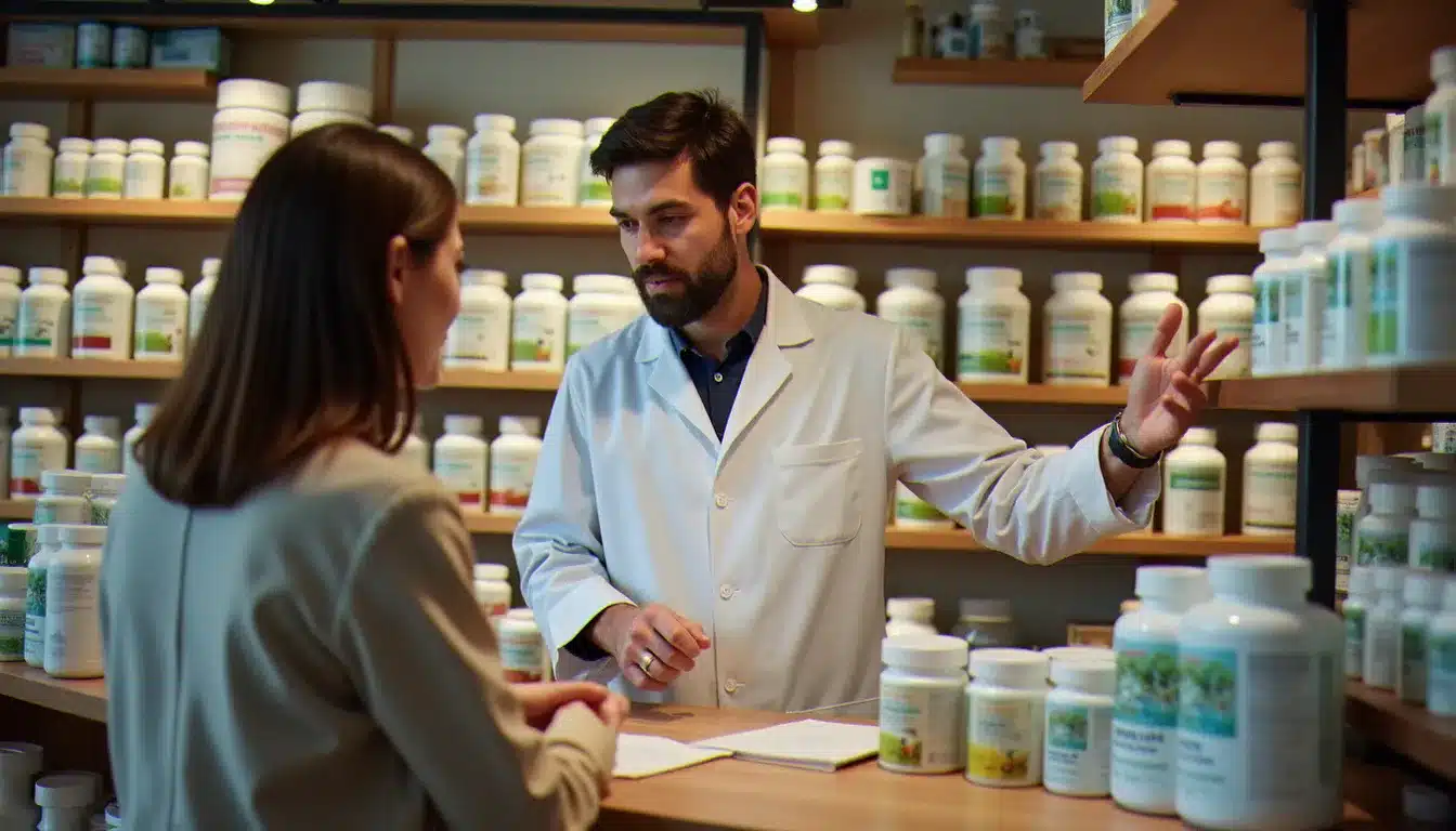 Pharmacien conseillant une cliente sur des compléments alimentaires dans une pharmacie française, en lien avec les recommandations des magazines de santé naturelle