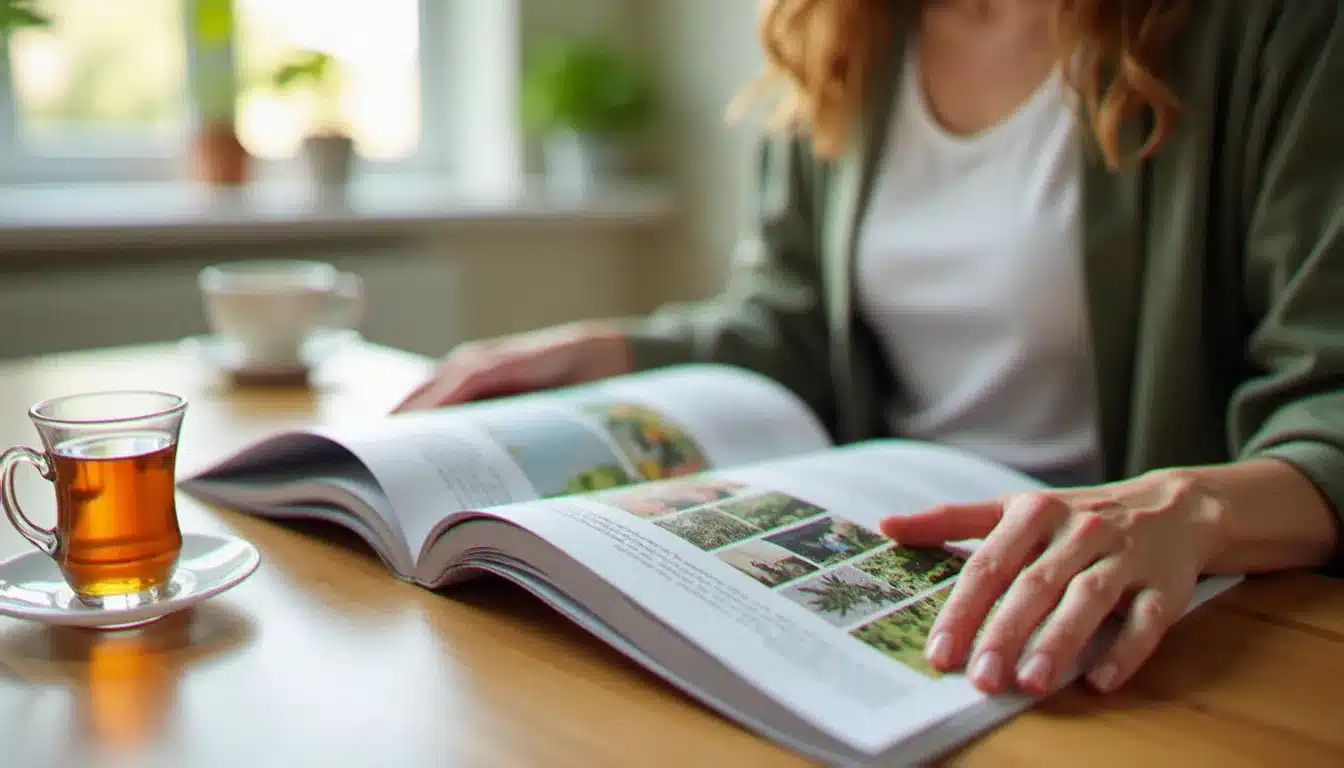 Femme lisant un magazine de santé naturelle à la lumière du jour, illustrant la recherche d'avis sur Santé Naturelle Magazine