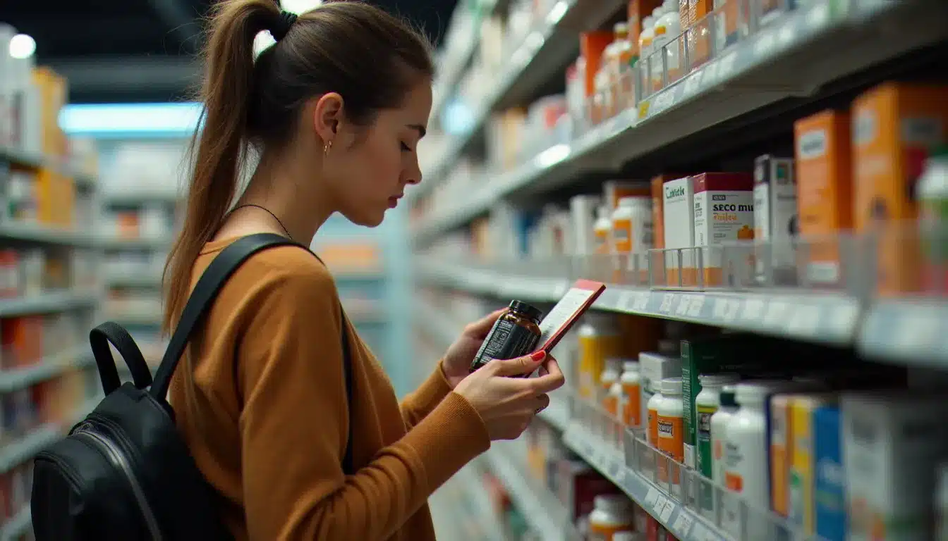 Une femme compare deux boîtes de compléments alimentaires dans le rayon parapharmacie d'une officine, geste typique pour évaluer le rapport qualité-prix santé