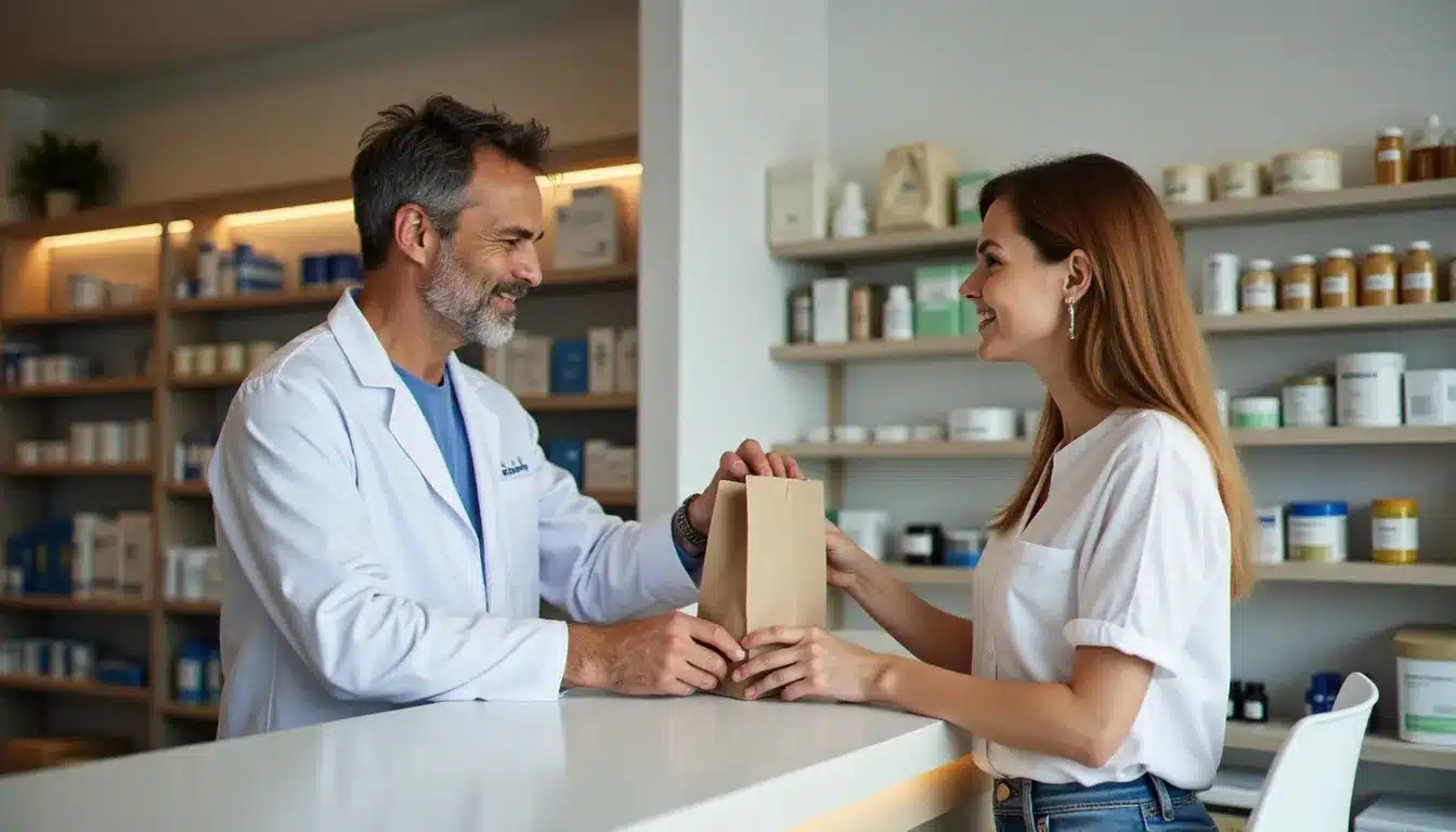 Une pharmacienne remet un sac de médicaments à une cliente dans une pharmacie moderne, illustrant le conseil et le prix santé en officine