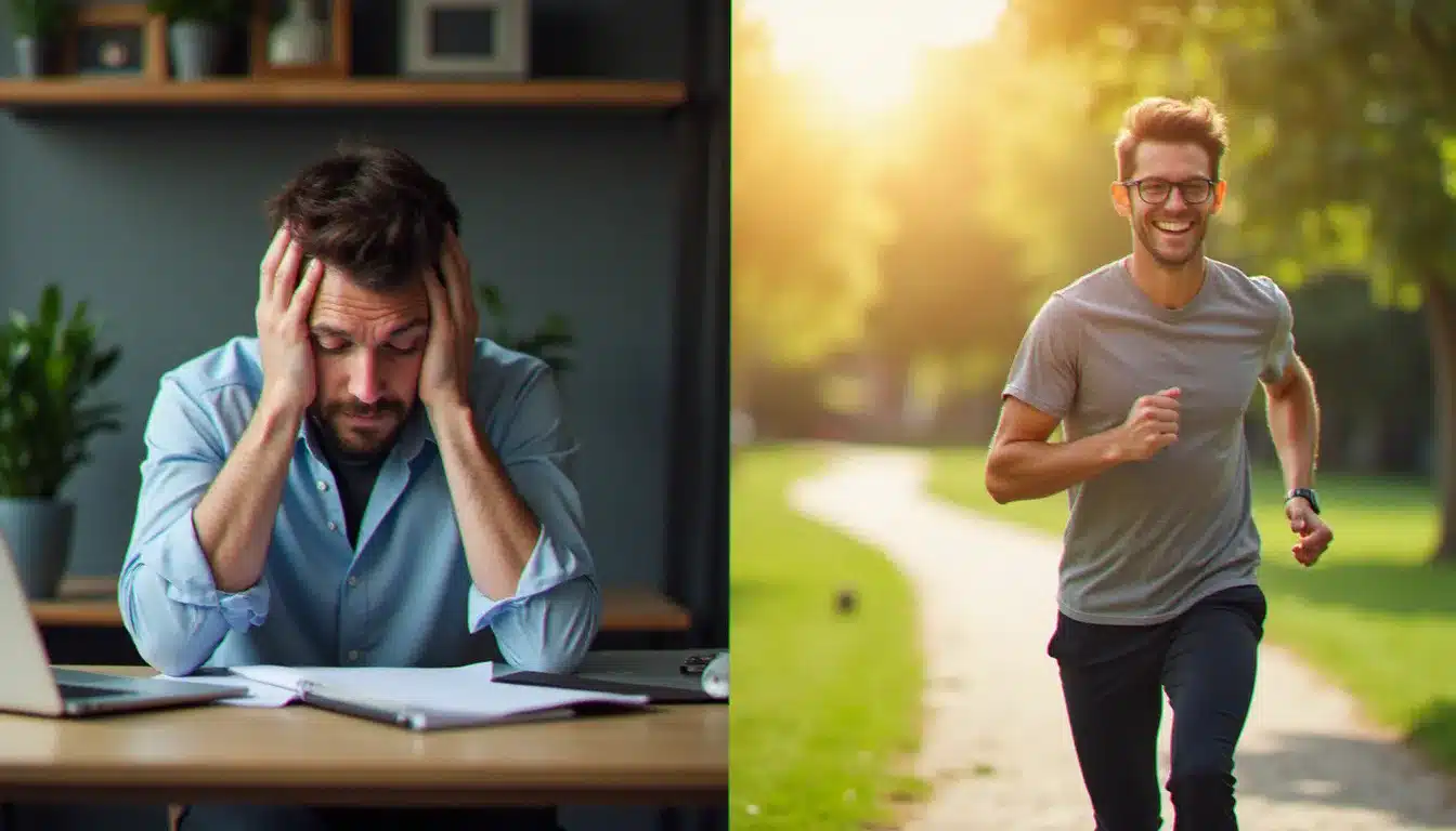 Comparaison avant-après d'un parcours de transformation santé, illustration du bien-être physique et mental retrouvé